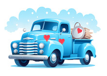 Blue Retro Truck With Hearts Clipart Png