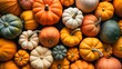 Various fresh ripe pumpkins as background, AI Generative