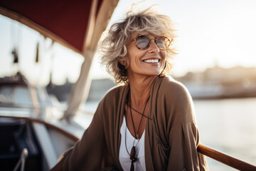 Senior woman on the deck of a boat smiling at the camera while on holidays