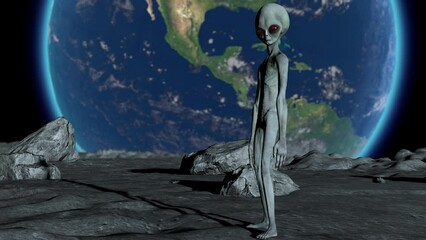 Wall Mural - scary gray alien stands on the moon and looks blinking. planet earth is visible. ufo futuristic conc