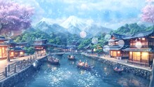 Fantasy Background Of Fishing Village In Winter. Life Scene At Night With Snowfall Japanese Cartoon Anime Style. 4k Virtual Animated Backgrounds