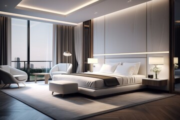 Wall Mural - light horizontal photo of a modern creative interior in dark colors of a bedroom in a hotel