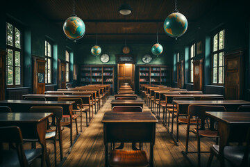 Interior of an empty classroom with wooden chairs.