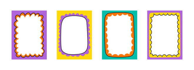 Aufkleber - Wave scalloped edge frame. Doodle border with wavy pattern. Trendy graphic template. Cute curved frame box. Geometric abstract background. Hand drawn vector illustration isolated on white background.