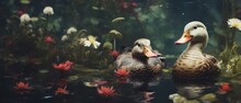 Beautiful Duck Swimming In A Pond With Calm Murky Water With Reflections And Surrounded By Blooming Yellow Water Lily Spring Flowers - Generative AI