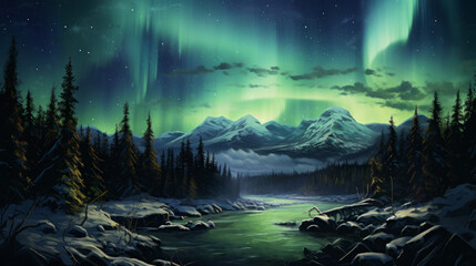 Wall Mural - aurora borealis over the mountains