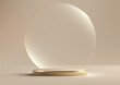 3D realistic luxury style golden podium platform with transparent glass circle backdrop on beige background