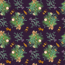 Christmas Seamless Pattern With Branch Of Mistletoe, Pine And Wooden Toy Digital Illustration Isolated On Blue. Christmas Decorations, Bells, Ball Hand Drawn. Print For Textile, Wrapping, Paper