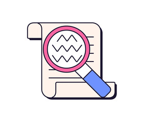 Poster - Paper document and magnifying glass, lens, loupe. Retro-styled 90s icon design. Scrutiny, business analysis, audit, research concept. Flat graphic vector illustration isolated on white background