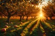 an apple house at sunset, with brilliant light sifting through colorful takes off. Creative resource, AI Generated