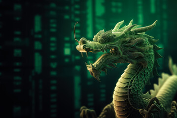 Wall Mural - Neon Green Dragon with green stock market graph for China economics concept, Generative AI