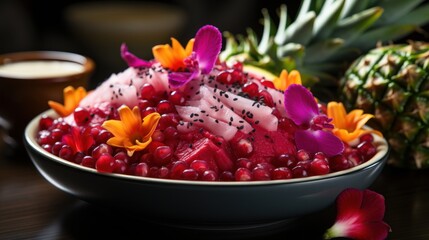 Poster - Exotic fruit salad served in half a dragon fruit on palm leaves with tropical flowers