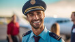 A young man airline worker touching captain hat and smiling while standing in airfield with airplane,generative ai