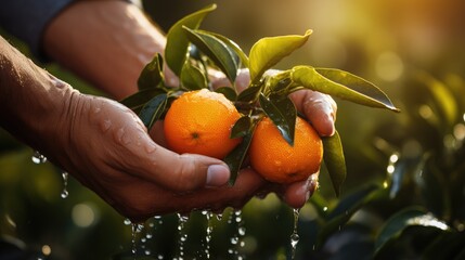 An orange or mandarin fruit is picked by a farmer's hands up close.Organic food, harvesting and farming concept. Background of fresh mandarins or oranges with green leaves 