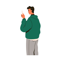 Poster - Happy man taking photo, photograph on mobile phone. Young person holding smartphone, shooting, recording video with cellphone, cellular device. Flat vector illustration isolated on white background