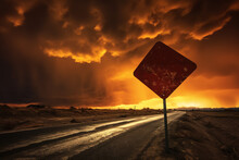  A Lone Road Sign Stands Boldly Against A Backdrop Of Dark, Storm-laden Clouds, Forecasting An Impending Tempest