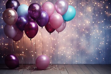 Wall Mural - Composition of pink, purple and blue balloons with sequins and confetti. Holiday, birthday or New Year concept. Party decoration. Background for invitation card with copy space