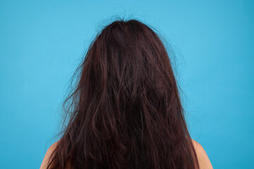 Wall Mural - Woman with damaged hair on light blue background, back view