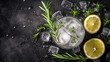 Alcoholic gin tonic drink with ice and lemon on a beautiful background, top view. generative ai

