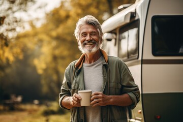 Active old happy hipster man standing near an RV camper van on vacation. Mature travelers looking away enjoying the view, holding drinking coffee waking