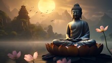 A Statue Of A Buddha Sitting On A Lotus Flower In A Body Of Water