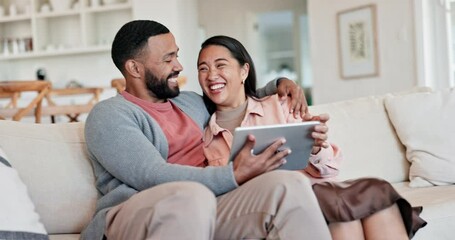 Poster - Couple, tablet and laugh on sofa in living room for streaming comedy movies, subscription and online shopping. Man, woman and hug with digital technology for social media, conversation and funny meme