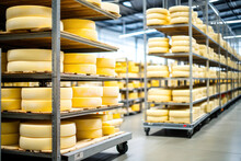 Rows Of Cheese On The Shelves Of A Dairy. Drying And Keeping Cheese On The Rack. Wheels Of Yellow Cheese In A Dairy Factory. Dairy Plant. Food Industry.