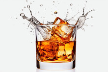 Glass Of Whiskey With Ice With Splashes. White Background. Splashes And Drops Of Whiskey Fly From The Glass In Different Directions.