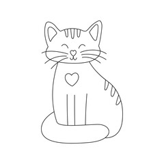 Wall Mural - Hand drawn cute sitting cat with closed eyes. Home pet in doodle style. Black and white outline vector illustration isolated on a white background.