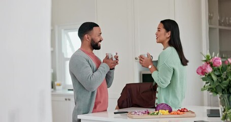 Poster - Morning, coffee and happy couple in a home with cup and conversation in a kitchen with drink. Relax, floor and love of people with a smile in a house with marriage, talking and communication with tea