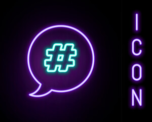 Poster - Glowing neon line Hashtag speech bubble icon isolated on black background. Concept of number sign, social media marketing, micro blogging. Colorful outline concept. Vector