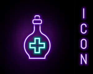 Poster - Glowing neon line Bottle with potion icon isolated on black background. Flask with magic potion. Happy Halloween party. Colorful outline concept. Vector