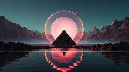 Wall Mural - Abstract neon background with geometric circle shape, Beautiful frame and extraterrestrial landscape under the night sky and Rocks. Futuristic minimalist wallpaper. Created with Generative AI.