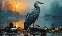 Grey Heron Bird With A Yellow Beak, White Neck And Grey Feathers Standing On A Contaminated Wetland Near A Real Estate. Generative AI.