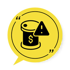 Sticker - Black Drop in crude oil price icon isolated on white background. Oil industry crisis concept. Yellow speech bubble symbol. Vector