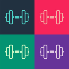 Sticker - Pop art Dumbbell icon isolated on color background. Muscle lifting, fitness barbell, sports equipment. Vector