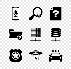 Poster - Set Mobile recording, Search location, Unknown document, Police badge, UFO abducts cow and Car wash icon. Vector
