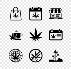 Poster - Set Shopping bag of marijuana, Calendar and, Online buying, Legalize, Stop, Planting, Cup tea with and Marijuana or cannabis leaf icon. Vector