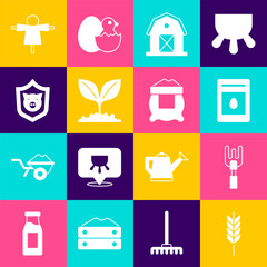 Poster - Set Wheat, Garden rake, Pack full of seeds of plant, Farm house, Plant, Shield with pig, Scarecrow and Bag flour icon. Vector