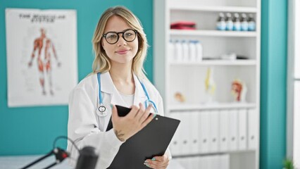 Wall Mural - Young blonde woman doctor smiling confident holding medical report at clinic