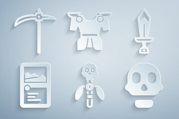 Poster - Set Magic staff, Sword for game, Card collection, Skull, Body armor and Pickaxe icon. Vector