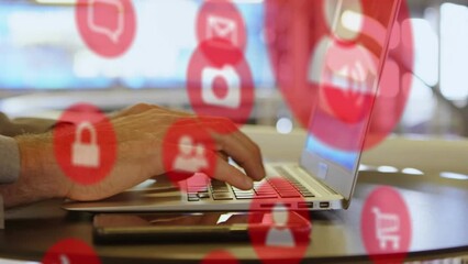 Poster - Animation of multiple icons over cropped hands of caucasian man working on laptop in office