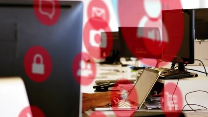 Poster - Animation of icons and computer language over caucasian man typing on keyboard of laptop