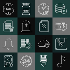 Poster - Set line Music note, tone, Floppy disk, Stopwatch, Clock 24 hours, Tombstone with cross, Delete file document, and icon. Vector
