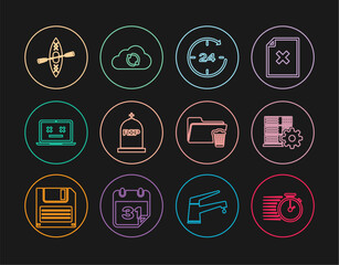 Poster - Set line Stopwatch, Server setting, Clock 24 hours, Tombstone with RIP written, Dead laptop, Kayak and paddle, Delete folder and Cloud sync refresh icon. Vector