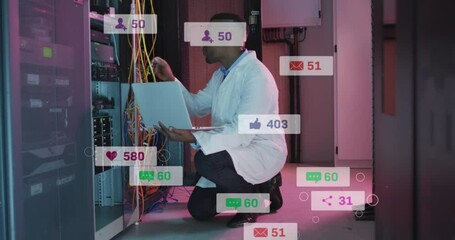 Poster - Animation of notification bars over biracial male engineer checking data server using laptop