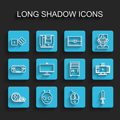 Poster - Set line Coin for game, Alien, Game dice, Computer mouse gaming, Sword, monitor, Live streaming online and icon. Vector