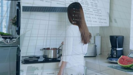 Poster - Animation of graphs, trading boards, caucasian woman cooking food, smiling while looking at camera