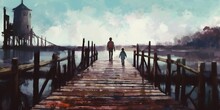 Man And Child Walking Under The Old Wooden Pier, Illustration Painting