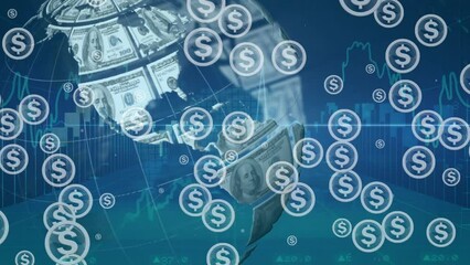 Poster - Animation of dollar symbol in circles with dollar bills on globe against graphs over blue background